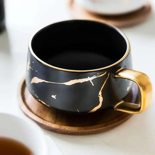 Beautiful Luxury Ceramic Marble Cups, with Wood Saucers 300ml